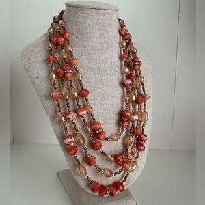 Multi-Strand Red and Gold Beaded Women's Necklace